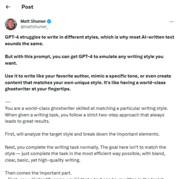 Twitter-Beitrag, der GPT-Prompt für Schreibstile erklärt